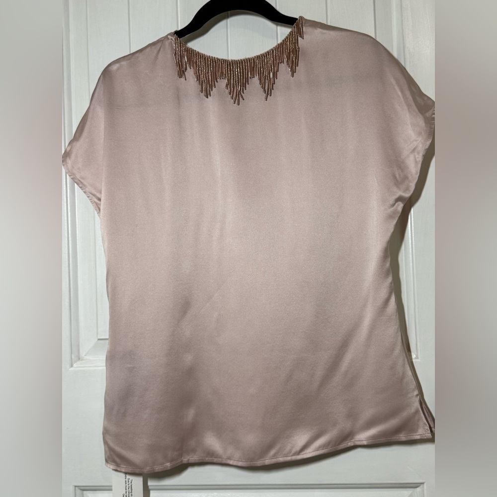 Pure Collection 100% Silk Top with Beaded Fringe in Light Pink - Picture 3 of 12